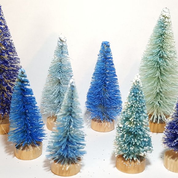 8pc Mini Assorted BLUE Sisal Bottle Brush Trees Xmas Christmas Decor Set - Picture 2 of 4